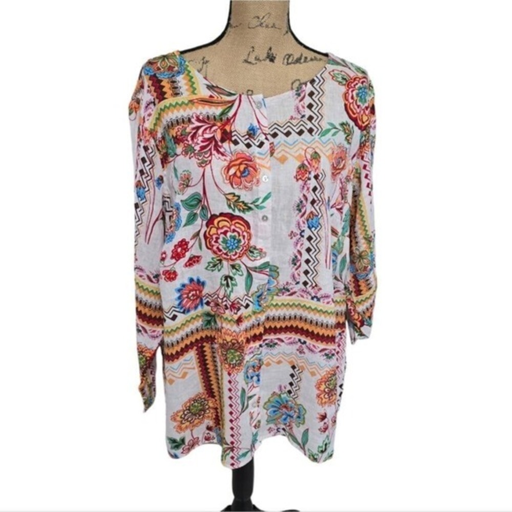 Halston Floral Linen Button Down Tunic Top Multicolor Boho Artsy Long Sleeve 2X